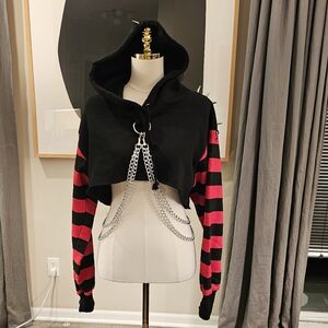 Black and Red Striped Cropped Hoodie with Chains S